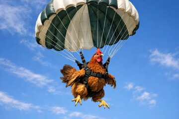 Braunes Huhn h&auml;ngt am Fallschirm hoch in der Luft -  mit generative AI erzeugtes lustiges H&uuml;hnerfoto