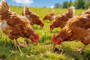 Braune H&uuml;hner suchen auf einer Wiese am Boden  nach Futter - mit generative AI erzeugtes H&uuml;hnerfoto als Nahaufnahme.