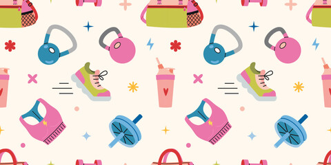 Seamless pattern with gym and fitness equipment for workout, training and healthy lifestyle. Sport accessories and clothes. Trendy vector illustration on a light background, hand drawn, flat design