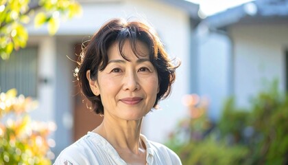 50代前半の日本人女性が戸建て住宅の前に立つフォトリアルなポートレート。
柔らかく拡散した自然光に包まれた落ち着いた昼間のシーン。
ニュートラルな色合いの住宅外観と背景ぼけが人物を引き立てる。