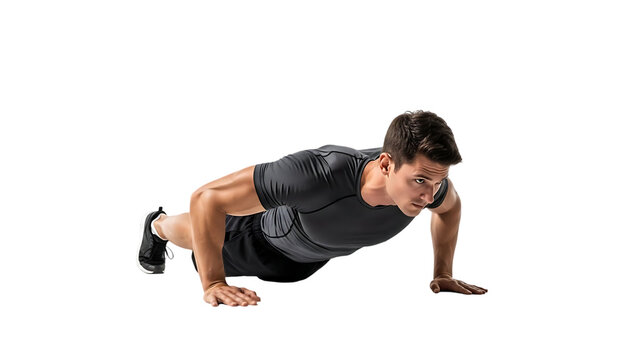 Athletic young man in sportswear doing push-ups exercise, muscular fitness trainer performing floor workout, strength training and bodybuilding concept, healthy active lifestyle.