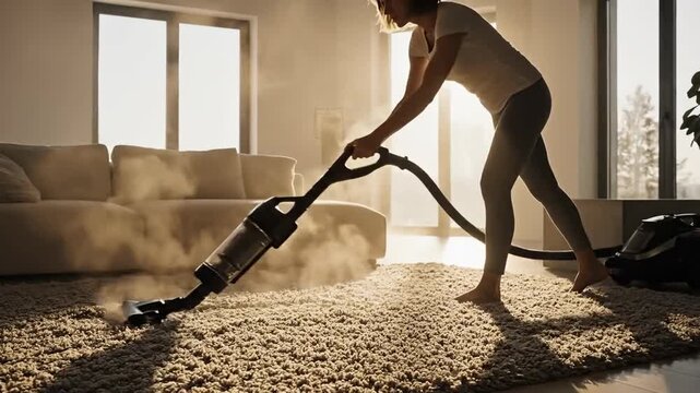 Young Woman Vacuuming Carpet Dusting Home Living Room