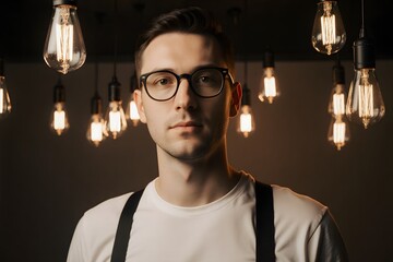 A man with glasses and suspenders standing in front of a bunch of light bulbs