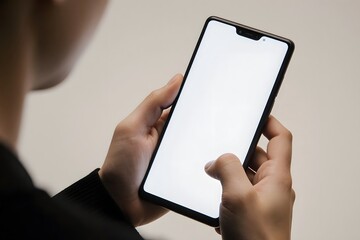 A person holding a cell phone with a white screen