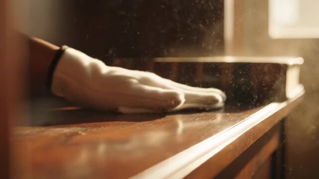 Person wearing white glove dusting wooden surface releasing dust cloud