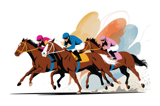 Dynamic horse racing scene with jockeys in colorful uniforms racing hard