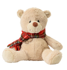 A soft beige toy bear with a red checkered scarf with fringe tied around its neck