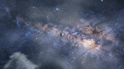 A breathtaking panoramic view of planet Earth majestically rotating in the vast dark expanse of outer space showcasing its vibrant blue oceans swirling white clouds and diverse green and brown landma.