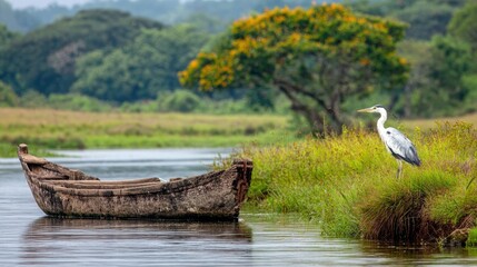 A solitary bird stands by a rustic boat on tranquil waters.
