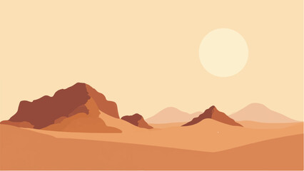Rocky Desert landscape. Illustration of a desert landscape with sunset. Desert dunes. Vector illustration.