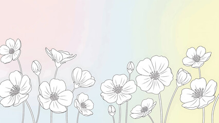 Obraz premium Line art flowers and buds gracefully arranged on a soft, colorful watercolor gradient background