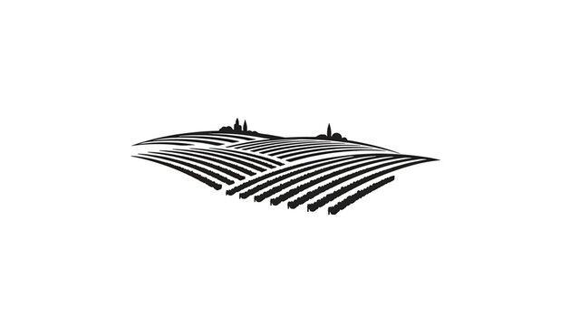 Minimalist black and white graphic of rolling hills with cultivated rows and distant village silhouette