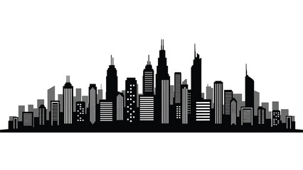 Fototapeta premium Modern city skyline silhouette against white background, featuring diverse black and grey buildings