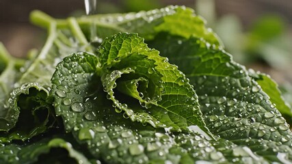 A closeup shot captures a stream of fresh clean water gently rinsing vibrant green mint leaves highlighting their natural texture and refreshing dewlike droplets perfect for organic culinary preparat.
