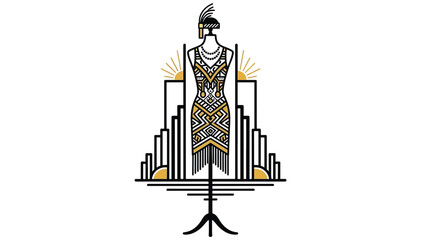 Stylized Art Deco flapper dress on a mannequin, with geometric city elements and sunburst motifs