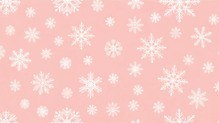 Soft pink background patterned with scattered white and light pink snowflake illustrations in various sizes