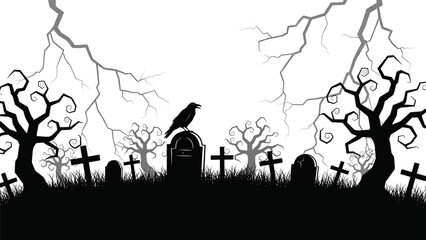 Spooky graveyard silhouette with a crow on a tombstone, twisted trees, crosses, and cracked sky