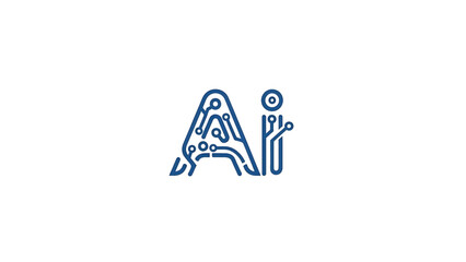 Stylized blue 'AI' letters formed by circuit board traces and components on a clean white background