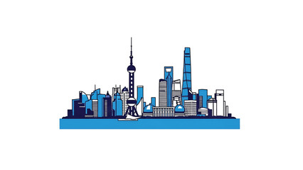 Obraz premium Stylized blue and white illustration of a city skyline featuring iconic skyscrapers and a prominent tower