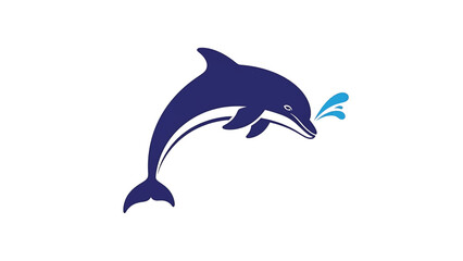 Obraz premium Stylized dark blue dolphin leaping with light blue water splashes on a clean white background