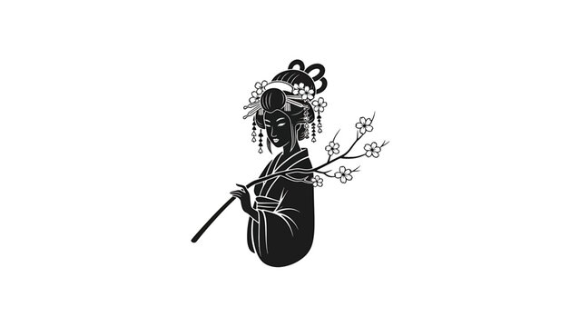 Stylized black silhouette of a woman in traditional Japanese attire with elaborate hair, holding a flowering cherry branch