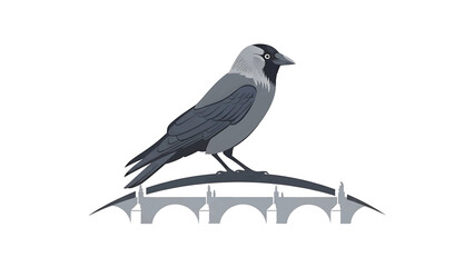 Obraz premium Stylized grey bird perched on a grey arched bridge illustration against a clean white background