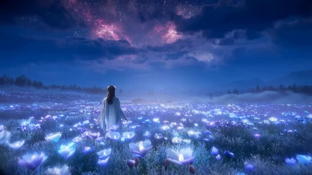 Mystical night journey through glowing flower field under starry sky
