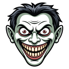 Fototapeta premium Cartoon scary face with evil grin and red eyes in vector illustration with halloween character face and spooky grimace for halloween costume