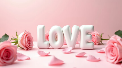 White love word standing on pink background with roses and scattered petals. Valentine&rsquo;s Day romantic concept with soft light, pastel colors and gentle floral details