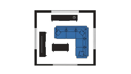 Top-down view of a modern living room floor plan with a blue L-shaped sofa and various furniture pieces