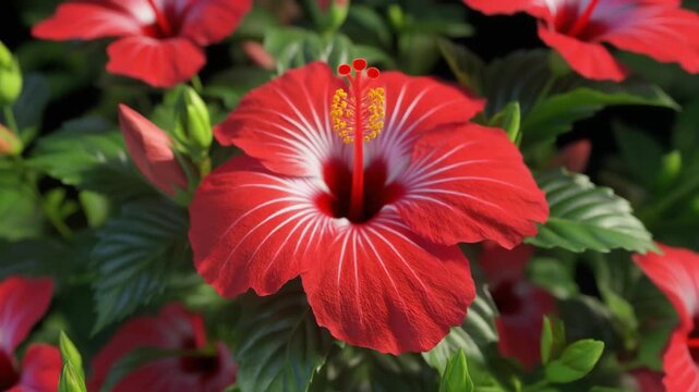 Red hibiscus flower (bunga sepatu) blooming from bud to full blossom in a tropical garden. Vibrant hibiscus petals with detailed stamens surrounded by lush green leaves.