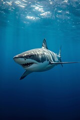 Fototapeta premium Great white shark swimming in blue ocean reef water undersea with coral and fish predators