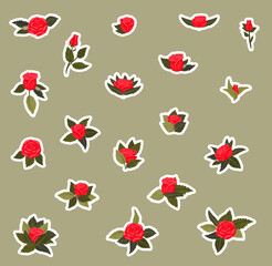 A set of bright red rose stickers. Vector illustration.