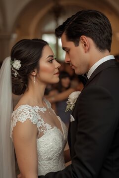 Um casal de noivos feliz celebra seu casamento com um beijo rom&acirc;ntico, unindo noiva e noivo em um momento de amor e beleza com buqu&ecirc; e trajes elegantes