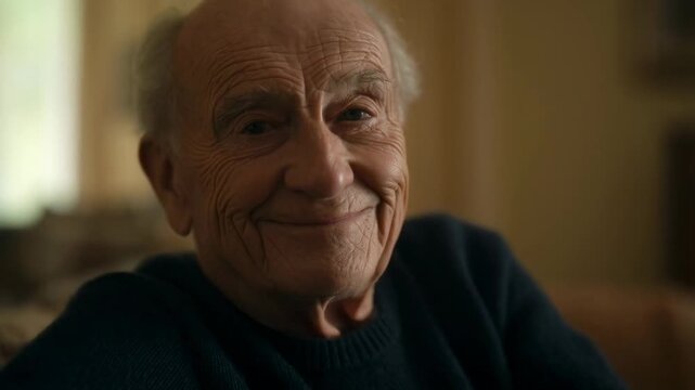 Elderly man's warm smile evolving into joyful expression