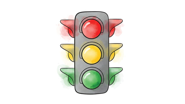 Watercolor illustration of a vertical traffic light with red, yellow, and green lights on, isolated on white