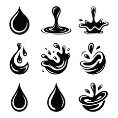 Set of Black Oil Drop Splashes Collection Isolated on White Background Perfect for Product Icon Logo or Sticker Design Related to Food or Liquid