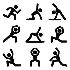 Set Of Nine Stick Figures Pictogram Showing Different Yoga Poses On White Background 191 Characters Healthy