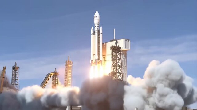 Rocket launching into sky with plumes of smoke and fire from launchpad at daytime