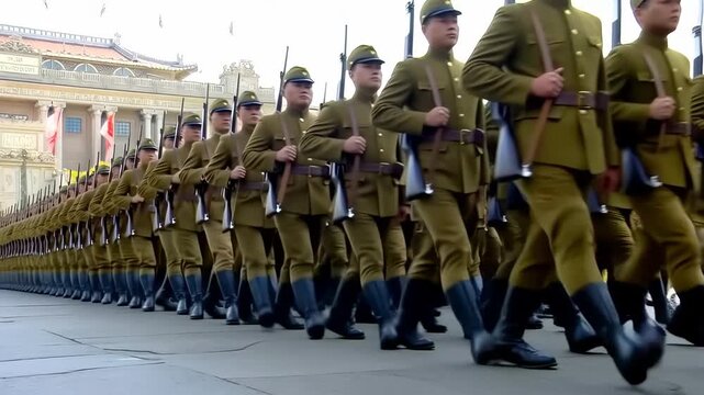 Formal marching parade of soldiers in uniform by historical building