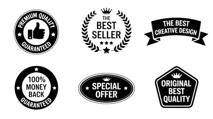 Obraz premium Black and white sale badges in various shapes with premium quality guarantee and seller labels for e-commerce marketing