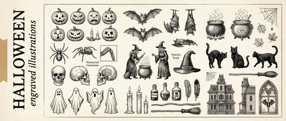 Engraved Halloween collection with bats, witches, and spooky decorations for festive creativity