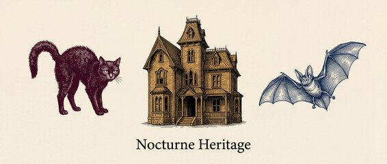 Engraved collection of nocturnal beings featuring a black cat, a bat, and a haunted house evokes mystery and intrigue