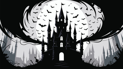 Spooky castle silhouette under full moon with bats flying overhead at night