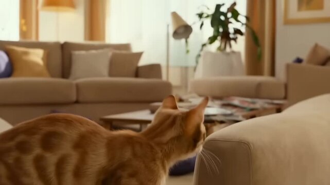 Curious cat leaps onto cozy living room couch for playful adventure