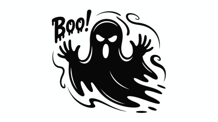 Spooky ghost with glowing eyes and 'Boo!' exclamation