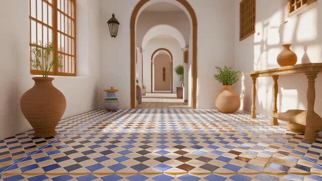 Elegant Mediterranean style hallway with arched doorways, patterned tile floor, and natural light from large windows. Minimal interior with clay pottery and warm neutral tones.