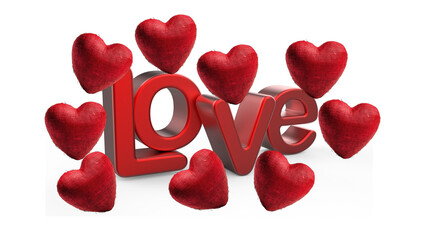3D Render of Red Love Text Surrounded by Heart Shapes on White Background. Stock image. 