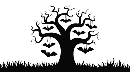 Spooky tree with bats hanging from branches on Halloween night