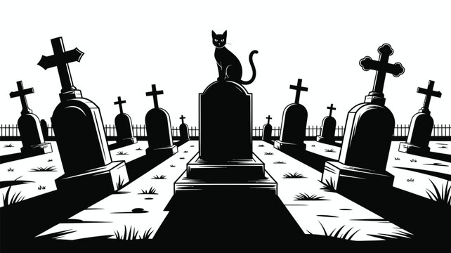 Black cat sitting on a tombstone in a spooky graveyard at night